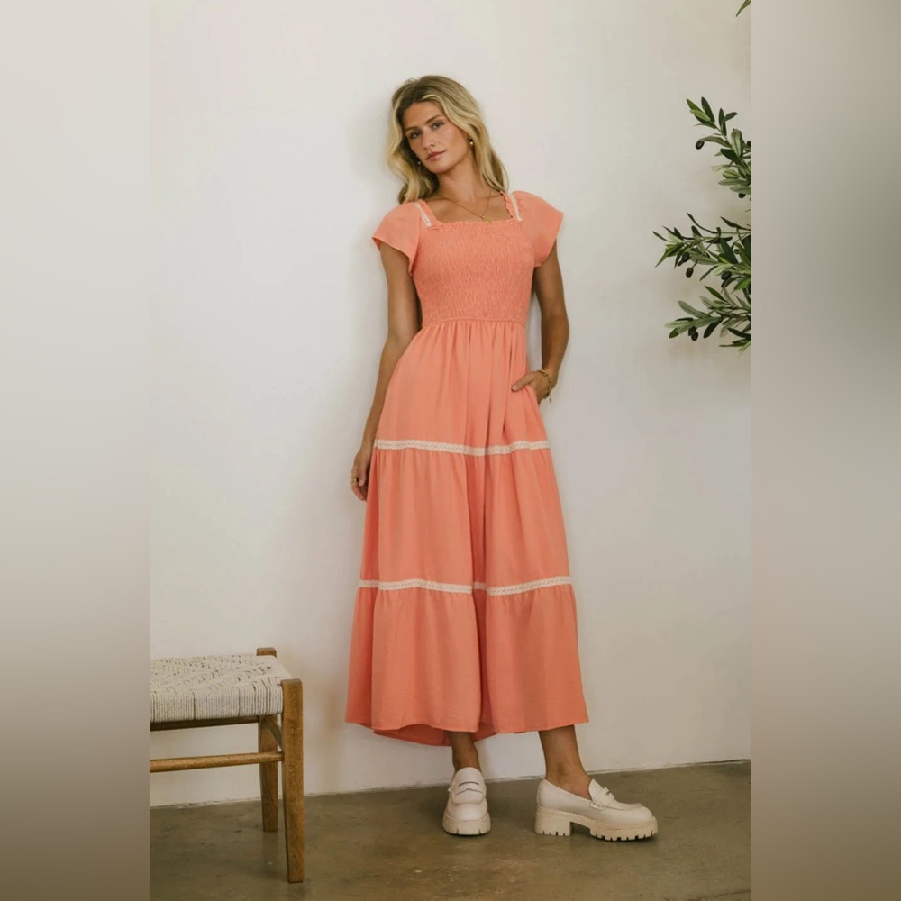 NWT Joy Lace Trim Maxi Coral Pockets Square Neck Dress Large